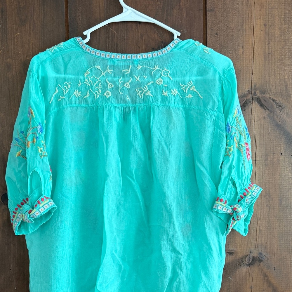 Johnny Was Aqua Floral Embroidered Blouse - Picture 5 of 5